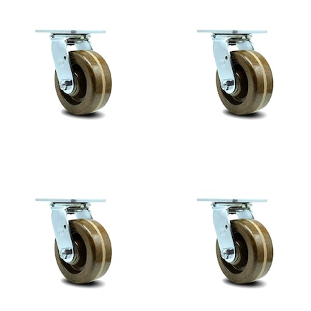 Service Caster 5 Inch High Temp Phenolic Swivel Caster Set with Roller Bearing and Swivel Lock SCC-30CS520-PHRHT-BSL-4